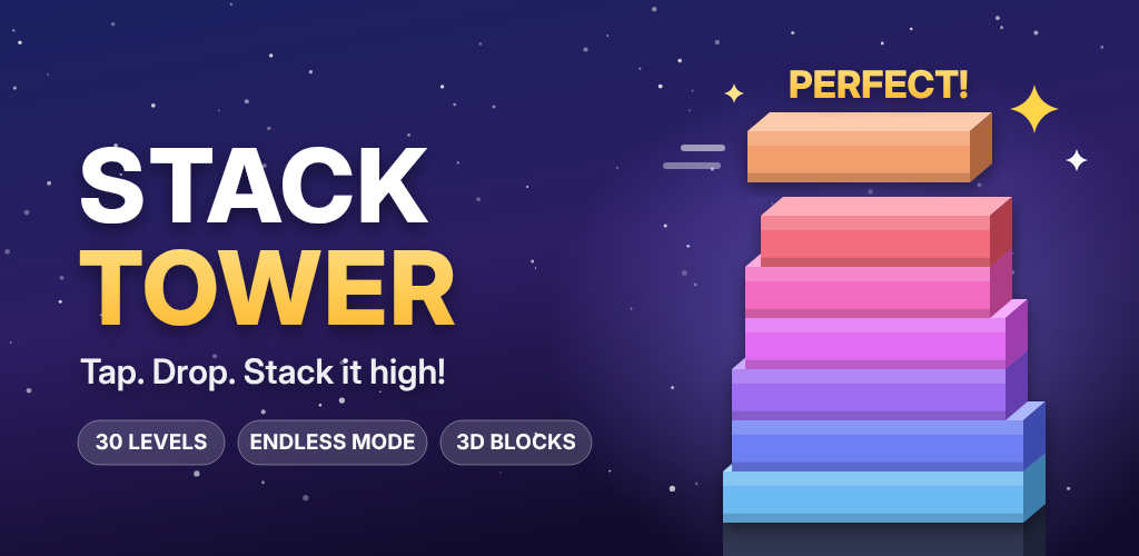 Stack Tower – a colourful 3D block tower under a starry sky